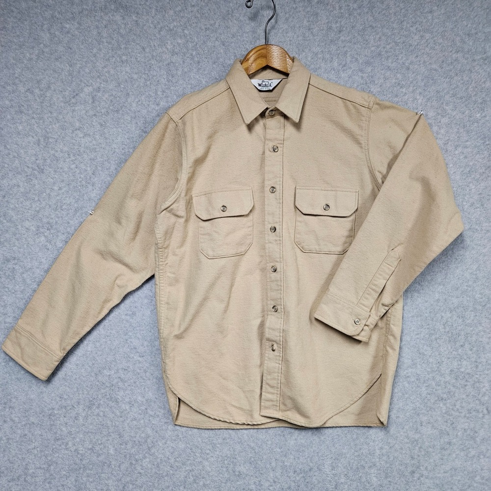 Woolrich Shirt Mens L Tan Chamois Button Up Long Sleeve Cotton Vintage USA Made